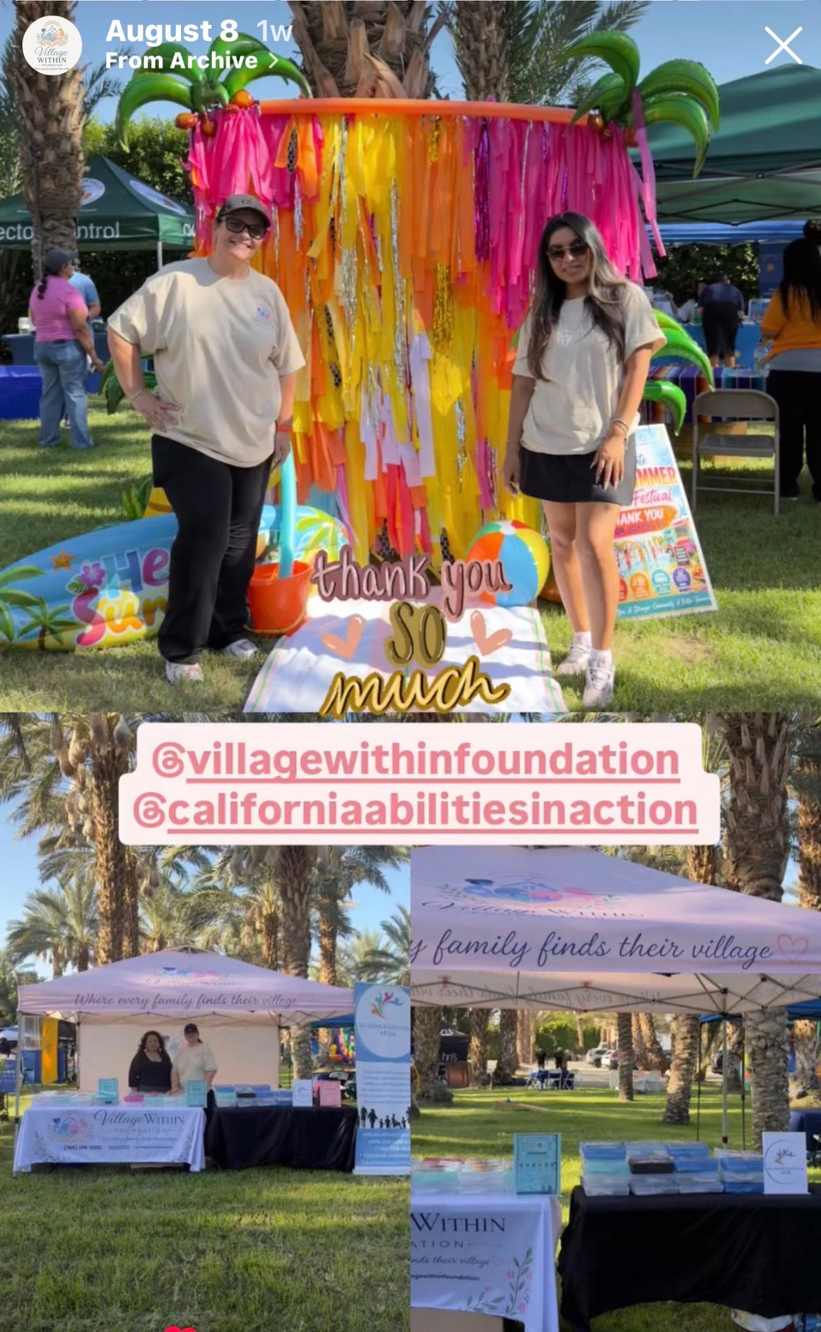 Volunteers posing at a colorful summer festival thank-you backdrop